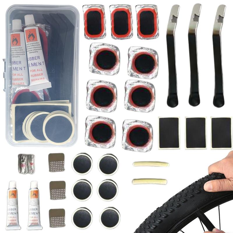Bike Tube Repair Kit - オートバイのタイヤ修理キット,粘着パッチとタイヤレバー,バイクのインナーチューブ用のパンクとコールドパッチソリューション