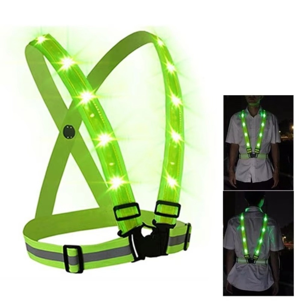 Cycling Gear Vest - 新しいポリエステル製LED安全ベスト、グリーンライト、USB充電式、反射材付きランニングベスト、反射材付きサイクリング警告ベスト、サイクリングギア