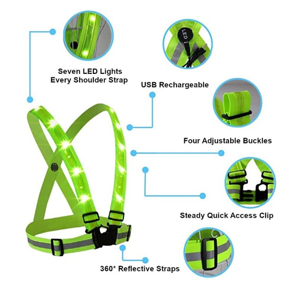 新しいポリエステル製LED安全ベスト、グリーンライト、USB - Cycling Gear Vest のレビューと価格